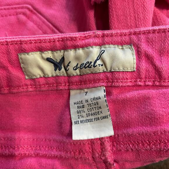 Y2K Wet Seal Pink Low Rise Micro Mini Skirt Size 7 Distressed Denim Stretch - Picture 3 of 4